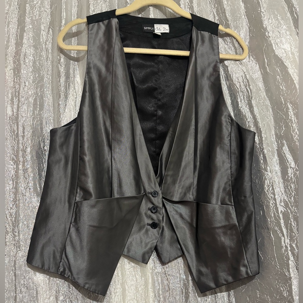 Black Satin V-Neck Vest with Tie Detail